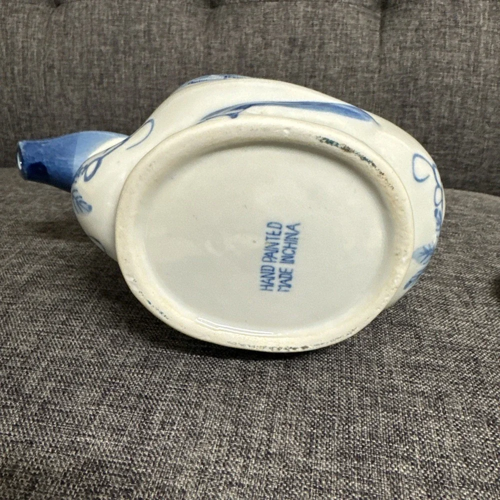 Vintage Chinese Blue & White Porcelain Duck Teapot Hand Painted Wicker Handle